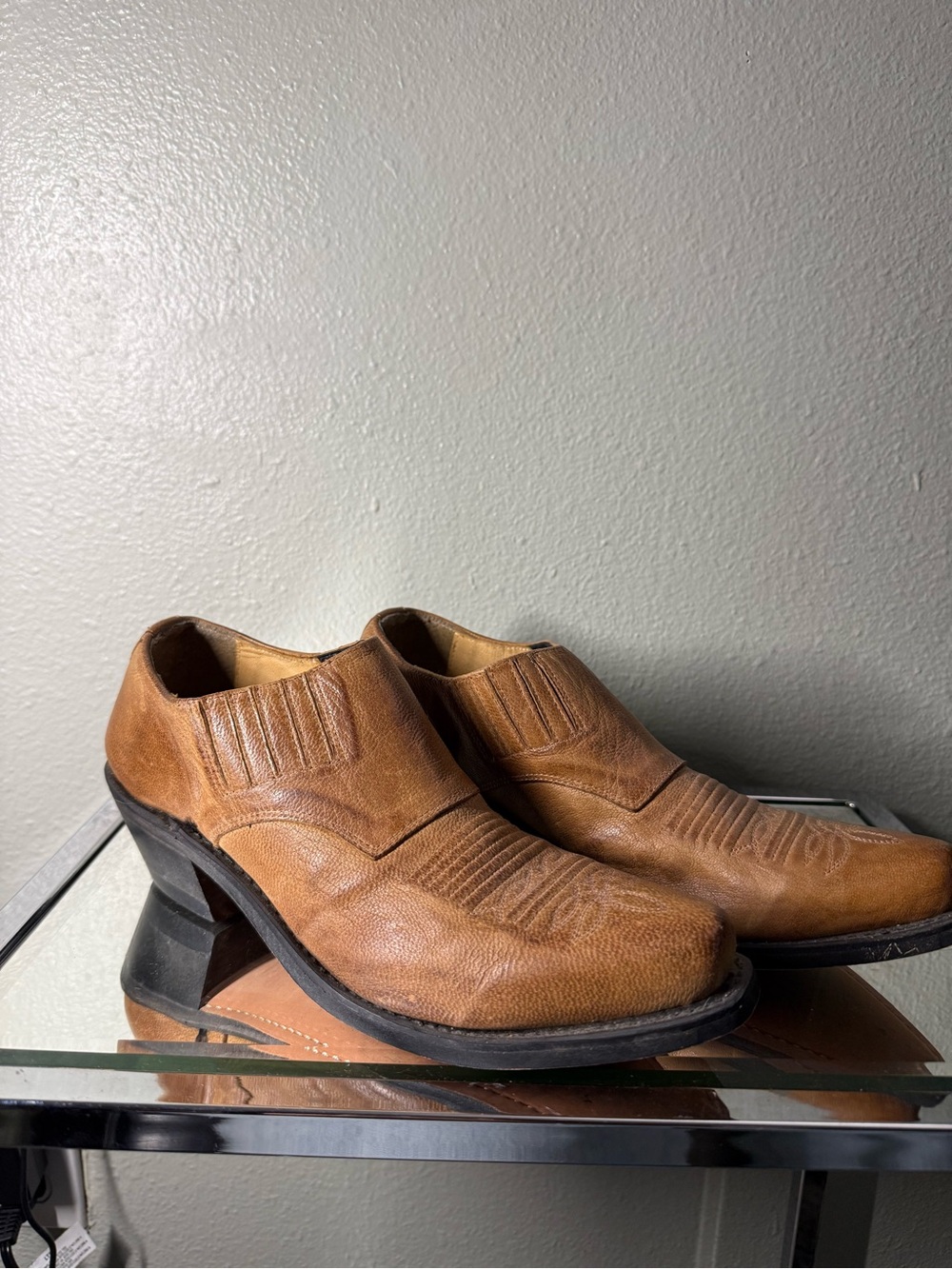 Women’s Brown Leather Western Slip-On Shoes Square Toe Size 7 Made in India